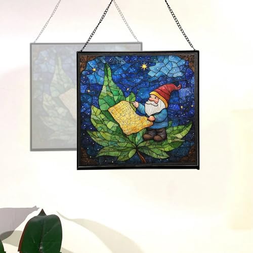 Gnome with Night Sky map Stained Glass Suncatcher – Square Hanging Window Panel for Home, Garden, Nursery, Halloween, Christmas, Memorial Day – Whimsical Glass Art Gift for Gnome Lovers cg43hu - Image 4