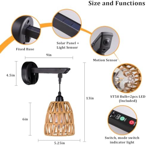 Solar Sconce Lights Outdoor, 2 Pack 6in H Boho Rattan Wall Lantern with USB Charging, IP65 Solar Outdoor Wall Lights, 3 Mode Motion Sensor, Hanging Porch Light for Garage Patio House Gazebos Garden - Image 3