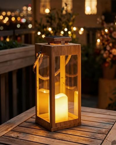 13" Large Wood Decorative Solar Lanterns Outdoor Waterproof for Porch by HERJIATK