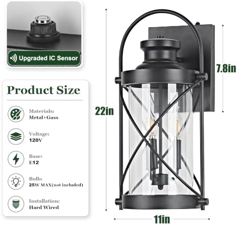 22inch Large Dusk to Dawn Outdoor Wall Lights Fixtures, Waterproof Exterior Lighting Fixtures with Photocell Sensor,Vintage Black Metal Cage Lantern Outside Lights for Porch Patio House Garage（2 Pack） - Image 2