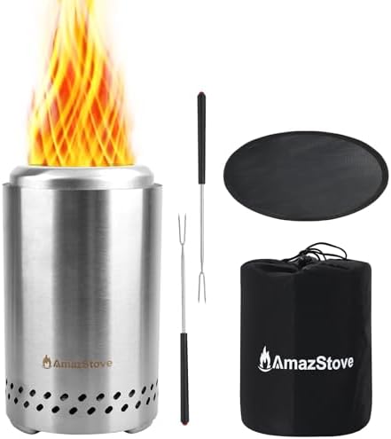 Spinning Flame Tabletop Fire Pit by AmazStove, Low Smoke Stove Outdoor Safe Burning Firepits, Fueled Pellets or Wood, Travel Bag&mat&Forks Included, 10 x 6 Silver by AmazStove