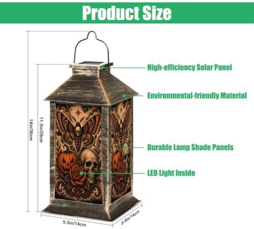Solar Hanging Lantern Moth Skull Pumpkin Rose Gothic Orange Black Vintage Tattoo Style Waterproof LED Lights Decor Patio Yard Lawn Porch Lamp, Birthday Gift for Mom Women Garden Outdoor Decor - Image 2