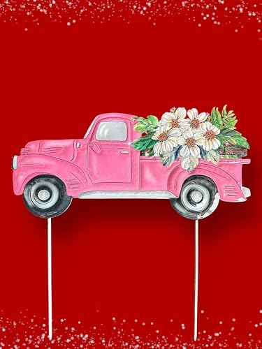 Garden Stake Vintage Truck W Flowers Metal Colorful Lawn Yard Entry Spring Summer Outdoor Decor Home Business 18"x18" (Pink Truck) - Image 5