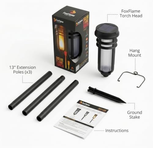 FoxFlame Metal Solar Torch Lights, Solar Tiki Torches, Patented Fire Effect - Image 2
