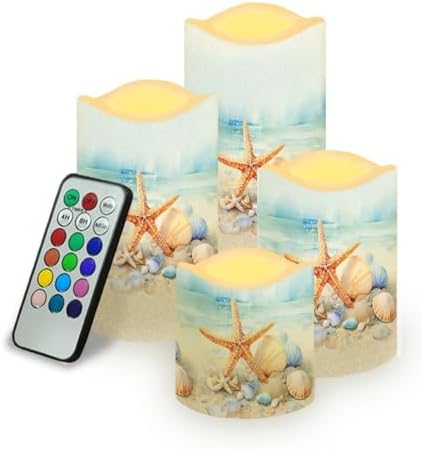 LED Light Candles for Home Decor, 4 Pcs Battery Operated with Color Changing Timer Remote, Flameless, Flickering, Fake Pillar Candles, Tea Lights, Table Decorations, Beach Starfish by Uorisanigo