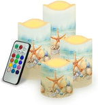 LED Light Candles for Home Decor, 4 Pcs Battery Operated with Color Changing Timer Remote, Flameless, Flickering, Fake Pillar Candles, Tea Lights, Table Decorations, Beach Starfish by Uorisanigo
