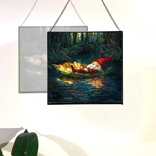 Floating Leaf Gnome Stained Glass Suncatcher – Square Hanging Window Panel for Home or Greenhouse – Whimsical Glass Art Gift for Garden Lovers, Christmas, Halloween, Father Days fFUfVq - Image 4