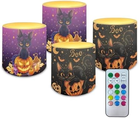 Black Cat Pumpkin Flameless Light Candle Battery Operated Candles with Color Changing Timer Remote Control Fake Pillar Candles for Hallowe'en Decoration by WelcometoLuarisgur