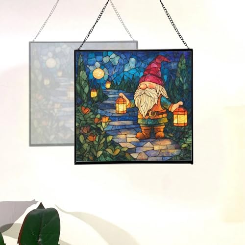 Lantern Path Gnome Stained Glass Suncatcher – Square Hanging Window Panel for Home or Greenhouse – Whimsical Glass Art Gift for Garden Lovers, Christmas, Halloween, Father Days B4TKHr - Image 4