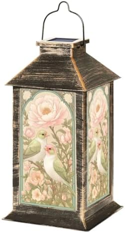 Solar Lantern Outdoor Garden Hanging Lantern Pastel Lovebirds Perched Spring Pink Peonies Elegant Botanical Waterproof Solar Powered Lighting Outside Table Lamp for Patio Deck Yard Camping by Unknown