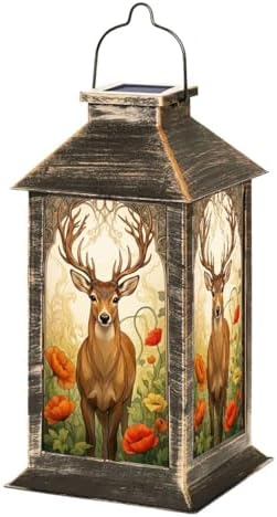 Solar Lantern Outdoor Garden Hanging Lantern Majestic Deer Large Antlers Ornate Vibrant Floral Forest Waterproof Solar Powered Lighting Outside Table Lamp for Patio Deck Yard Camping by Unknown