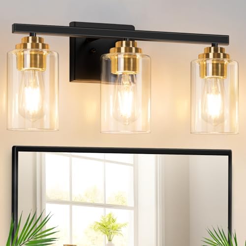19" Black & Gold Modern Vanity Lights Over Mirror with Clear Glass Shades by WelcometoVerRon