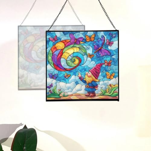 Gnome with Butterfly Friends Stained Glass Suncatcher – Square Hanging Window Panel for Home or Greenhouse – Whimsical Glass Art Gift for Garden Lovers, Christmas, Halloween, Father Days QXO4Ef - Image 4