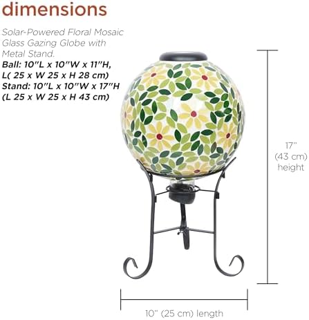 Alpine Corporation 10" Diameter Outdoor Solar Floral Mosaic Glass Gazing Globe with Metal Stand, Gazing Balls Yard Decor, 17" H - Yellow - Image 3