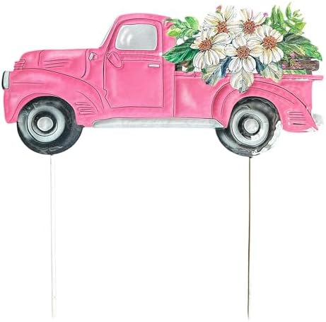 Garden Stake Vintage Truck W Flowers Metal Colorful Lawn Yard Entry Spring Summer Outdoor Decor Home Business 18"x18" (Pink Truck) by STC+World