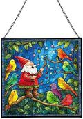 Gnome with Singing Birds Stained Glass Suncatcher – Square Hanging Window Panel for Home or Greenhouse – Whimsical Glass Art Gift for Garden Lovers, Christmas, Halloween, Father Days Q6K5Em by Custom