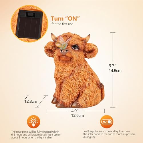 Highland Cow Solar Powered Outdoor Garden Statue, with Light Lantern - Image 3