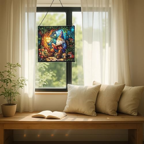 Forest Reading Gnome Stained Glass Suncatcher – Square Hanging Window Panel for Home or Greenhouse – Whimsical Glass Art Gift for Garden Lovers, Christmas, Halloween, Father Days YBMxRz - Image 7