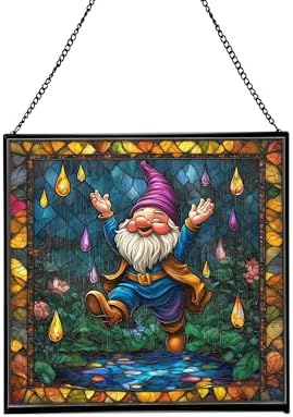 Raindrop Dance Gnome Stained Glass Suncatcher – Square Hanging Window Panel for Home or Greenhouse – Whimsical Glass Art Gift for Garden Lovers, Christmas, Halloween, Father Days yzbjUI by Custom