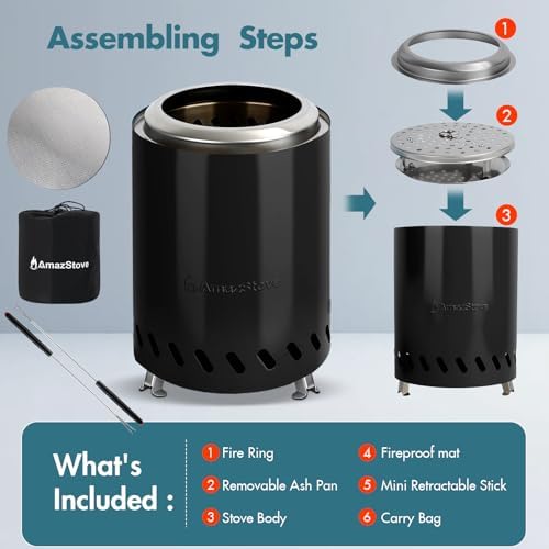9.7 x 7.1 Inch Tabletop Fire Pit by AmazStove, Low Smoke Camping Stove for Outdoor Safe Burning Firepits, Fueled Pellets or Wood, Travel Bag Included (Black, 9.7 x 7.1 INCH) - Image 6