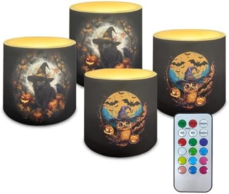 4 Pack Fall Led Candles with Remote - Black Cat Owl Flameless Candles - Autumn Battery Operated - Warm Light Flickering - Hallowe'en, Halloween Day Table Decorations, Gift by WelcometoLuarisgur