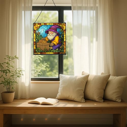 Gnome Beekeeping Stained Glass Suncatcher – Square Hanging Window Panel for Home, Garden, Nursery, Halloween, Christmas, Memorial Day – Whimsical Glass Art Gift for Gnome Lovers b9jpfw - Image 7