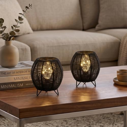 JHY DESIGN Cordless Table Lamps Set of 2, 6.5" H Battery Operated Woven Cotton Rope Lamps with 6 Hours Timer, Boho Bedside Lamps for Bedroom Living Room Home Parties Patio Events(Black) by JHYDESIGN