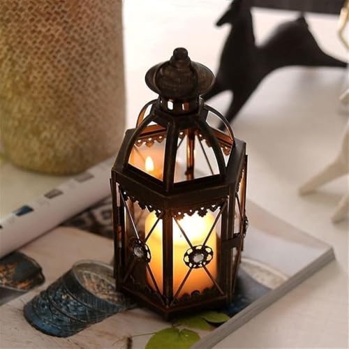 Vintage Iron Candle Lantern for Indoor Outdoor Decor, Decorative Metal Lantern with Glass Panels, Moroccan Style Candle Holder for Tabletop or Hanging, 10x26.5cm(Blue) - Image 2