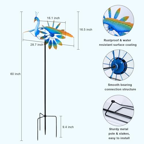 hogardeck Wind Spinner Outdoor, 60" Metal Peacock Wind Spinner with Heavy-Duty Stakes, Multi-Color 360° Rotating Wind Sculpture Kinetic Yard Art for Home Outside Garden Lawn Backyard Patio Decor - Image 2