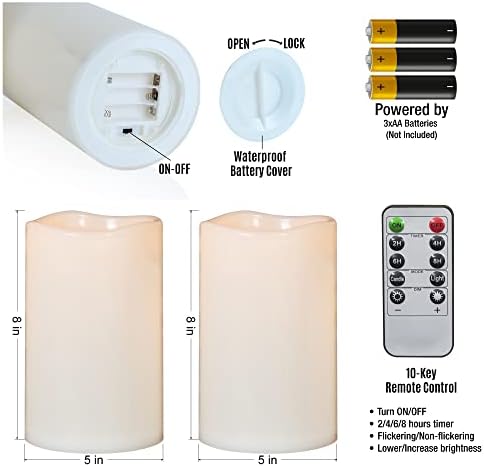 8" x 5" Waterproof Outdoor Flameless Candles Battery Operated LED Flickering Pillar Candles with Remote and Timer for Indoor Outdoor Lanterns, Long Lasting, Ivory White Large, Set of 2 - Image 4
