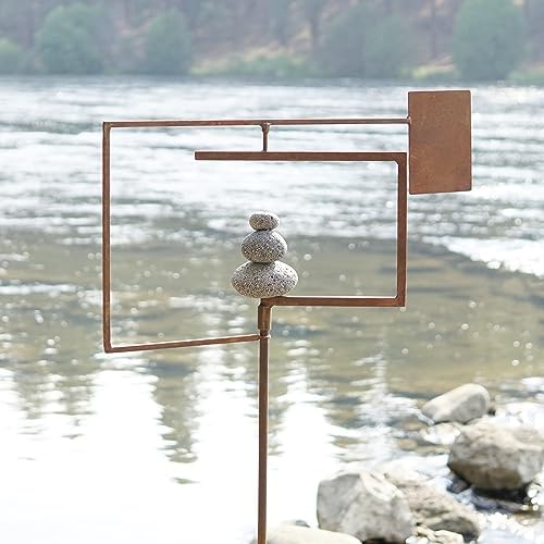 Aura Life Modern Zen Garden Spinner Kinetic Wind Sculpture with Rock Cairn & Stake - Relaxing Outdoor Spinners for Yard and Garden - Handmade Outdoor Wind Art Vane Sculptures (Bare Steel) - Image 2