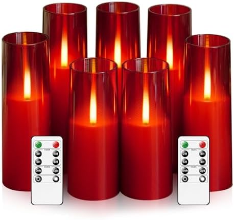 kakoya Flameless LED Candles Upgraded Realistic Flickering Flame,7Pcs Battery Operated Candles with Remote Timers,LED Pillar Candles for Home Decor,Christmas,and Parties(Red) by FLAMELESSCANDLES