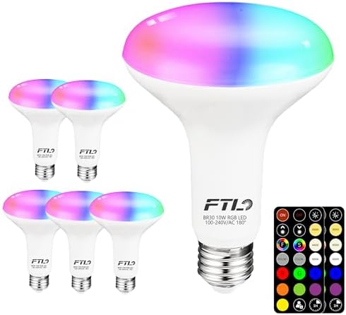 FTL BR30 LED Color Changing Light Bulbs with Remote Control, 10W Dimmable Led Flood Light 65W Equivalent, 2700K-6000K, 30 Colors RGB Colored Light Bulbs, Timer, for Recessed Can Lighting, 6-Pack by FTL