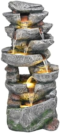 39" 7-Tier Cascading Rock Fountain - with LED Lights & Pump, Outdoor Garden Decor, Self-Contained Recirculating & Weather-Resistant (17 * 13 * 39") by Fround