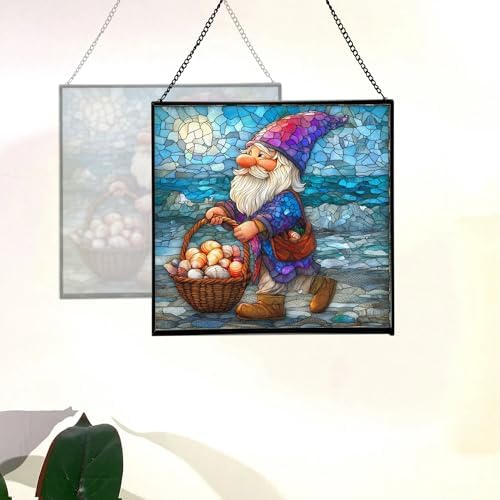 Shell Collector Gnome Stained Glass Suncatcher – Square Hanging Window Panel for Home or Greenhouse – Whimsical Glass Art Gift for Garden Lovers, Christmas, Halloween, Father Days dc1aKu - Image 4