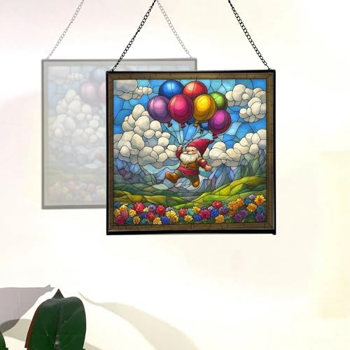 Balloon Flight Gnome Stained Glass Suncatcher – Square Hanging Window Panel for Home or Greenhouse – Whimsical Glass Art Gift for Garden Lovers, Christmas, Halloween, Father Days RCJoS8 - Image 4