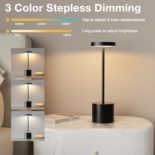Cordless Rechargeable Table Lamp, 4000mAh Battery Operated, Black, 2 Pack - Image 3