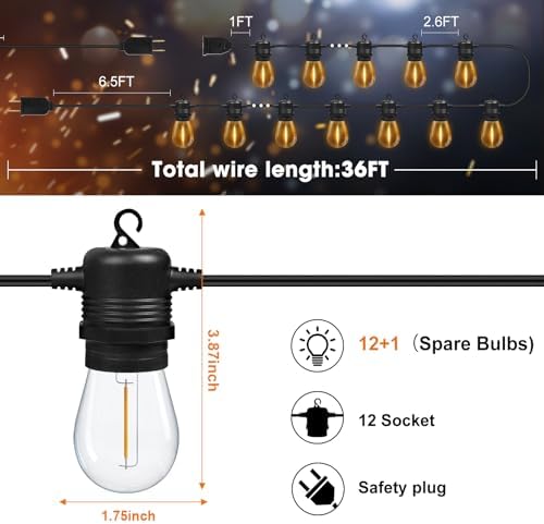 GvvooHome LED Outdoor String Lights 36FT Patio Lights with 13 Shatterproof S14 Replaceable Bulbs(1 Spare), Outside Hanging Lights Waterproof for Porch, Deck, Garden, Backyard, Balcony, 2700K Dimmable - Image 6