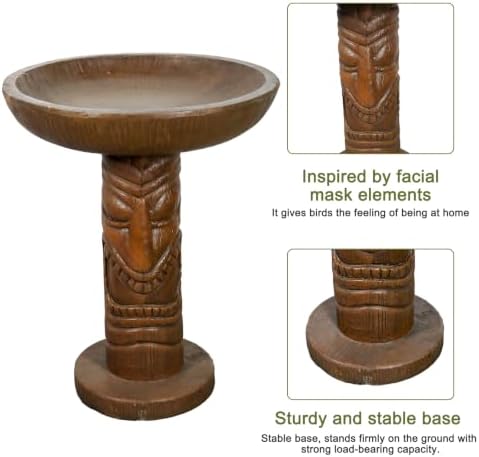 Tiki Bird Bath for Outdoor Garden, 18.9" Hawaiian Style Totem Pole Birdbath with Tiki Face Pedestal, Fiber-Reinforced Concrete Yard Decor, 30 lb Brown Tribal Statue - Image 5