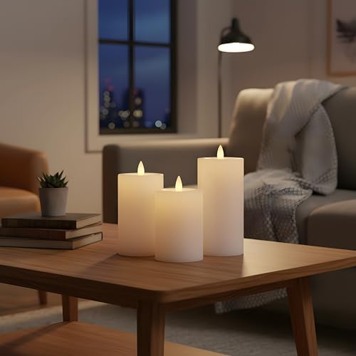 Flameless Pillar Candles Flickering with Remote Timer, Battery Operated LED Candles Up to 400 Hours, 3D Moving Flame Real Wax Candles, Set of 3, D3 x H4, 5", 6",Remote Included(Ivory) - Image 4