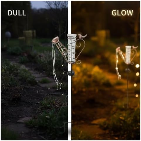 Solar Watering Can Lights, Decorative Iron Kettle Rain Gauge, with Bird Accent, 6-Inch Glass Tube, Led String Lights, Rustproof Metal, 36 X 8.5 X 2 in, for Easy Patio Yard Setup - Image 4