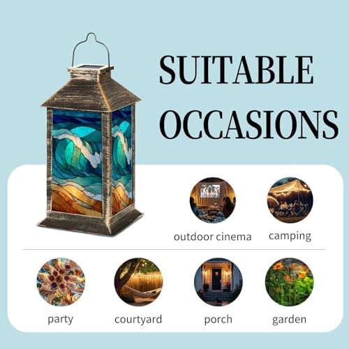 Solar Lantern Intricate Stained Glass Window Beach Waves Sunset Amber Glow Outdoor Waterproof Garden Hanging Lantern Solar Powered Lighting Outside Table Lamp for Patio Deck Camping 1 Pack - Image 5