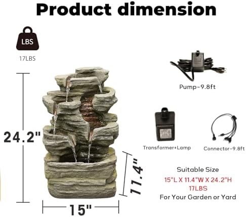 24.2" H Rock Cascading Water Fountain Outdoor&Indoor, 6-Tier Garden Naturefalls Fountains, Floor-Standing Waterfall with Lights for Patio, Backyard, Deck, Porch, Home DéCor, Stone Gray - Image 5
