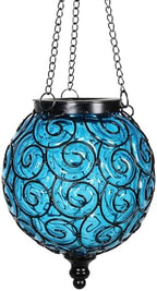 Solar Hanging Lantern Outdoor Garden Lights, Round Glass and Metal Hanging Lantern, 15 Firefly LED Lights, 7 x 20 Inch (Blue) by Unknown