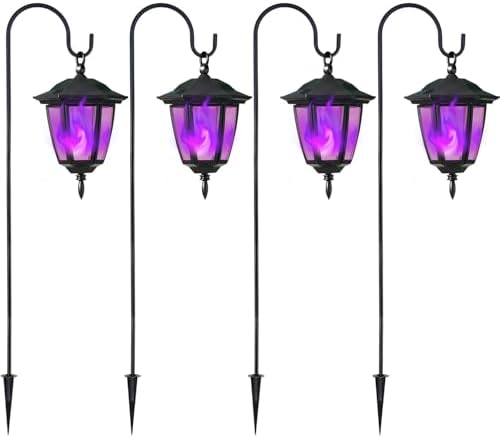 Dynaming 4 Pack Solar Halloween Flame Hanging Lights Outdoor, Flickering Flame LED Garden Lanterns with 4x38 Inch Shepherd Hooks, Landscape Lighting Waterproof for Lawn Yard Pathway Driveway, Purple by Dynaming