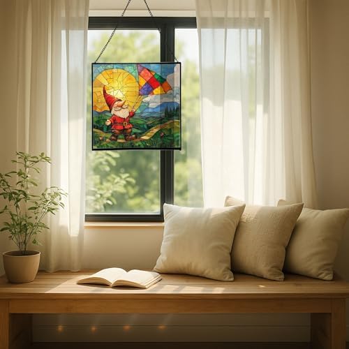 Kite String Gnome Stained Glass Suncatcher – Square Hanging Window Panel for Home or Greenhouse – Whimsical Glass Art Gift for Garden Lovers, Christmas, Halloween, Father Days 82ELcz - Image 7
