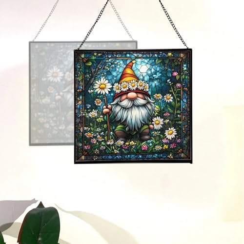 Daisy Crown Gnome Stained Glass Suncatcher – Square Hanging Window Panel for Home or Greenhouse – Whimsical Glass Art Gift for Garden Lovers, Christmas, Halloween, Father Days uoZbMI - Image 4