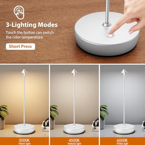 2Pack Rechargeable Cordless Table Lamp, Portable Powered LED Battery 6000mAh Metal USB Desk Lamp, 3 Levels Brightness Light for Restaurants Outdoor (2pack Silver) - Image 3