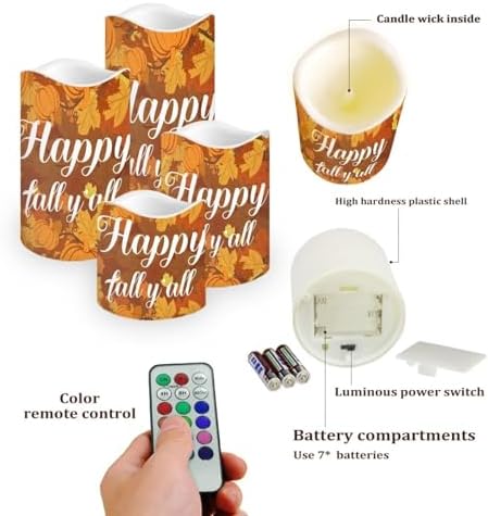 Happy Fall Y'all Maple Battery Operated Candles with Timer Remote Pillar Candles Battery Operated Set of 4 Led Flameless Candles for Thanksgiving Day Party Home Room Kitchen Decor - Image 3