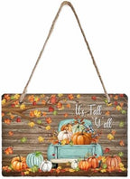 Fall Welcome Wall Hanging Sign- Maple Leaf Pumpkin Truck Wood Grain Slate Hanging Plaques for Front Door Porch Window Farmhouse Garden 5.1" x 7.9" Wall Home Decor by EwdeWwo